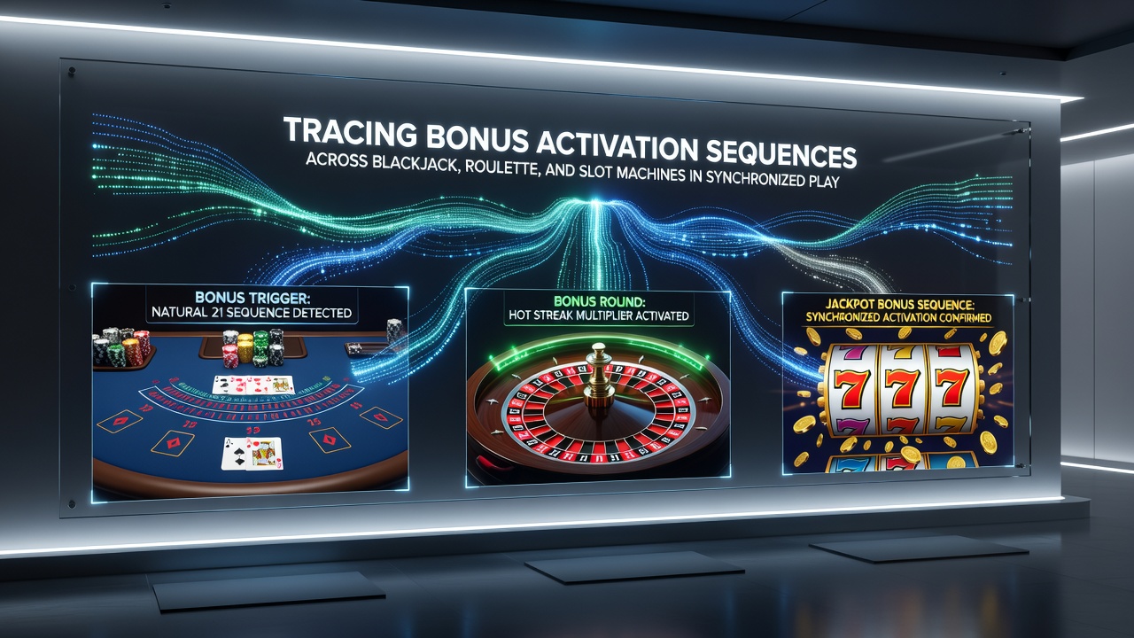 Screenshot of casino software interface displaying real-time bonus sequence tracking across blackjack, roulette, and slot machine sessions